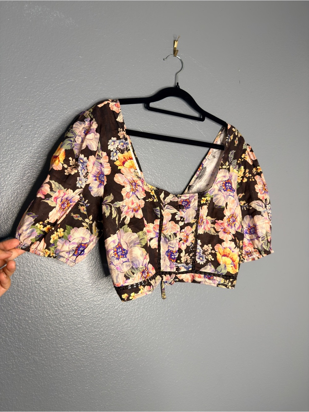 Guess Cropped Cassandra Puff Sleeve Floral Top Draw String Tie Back Linen Medium